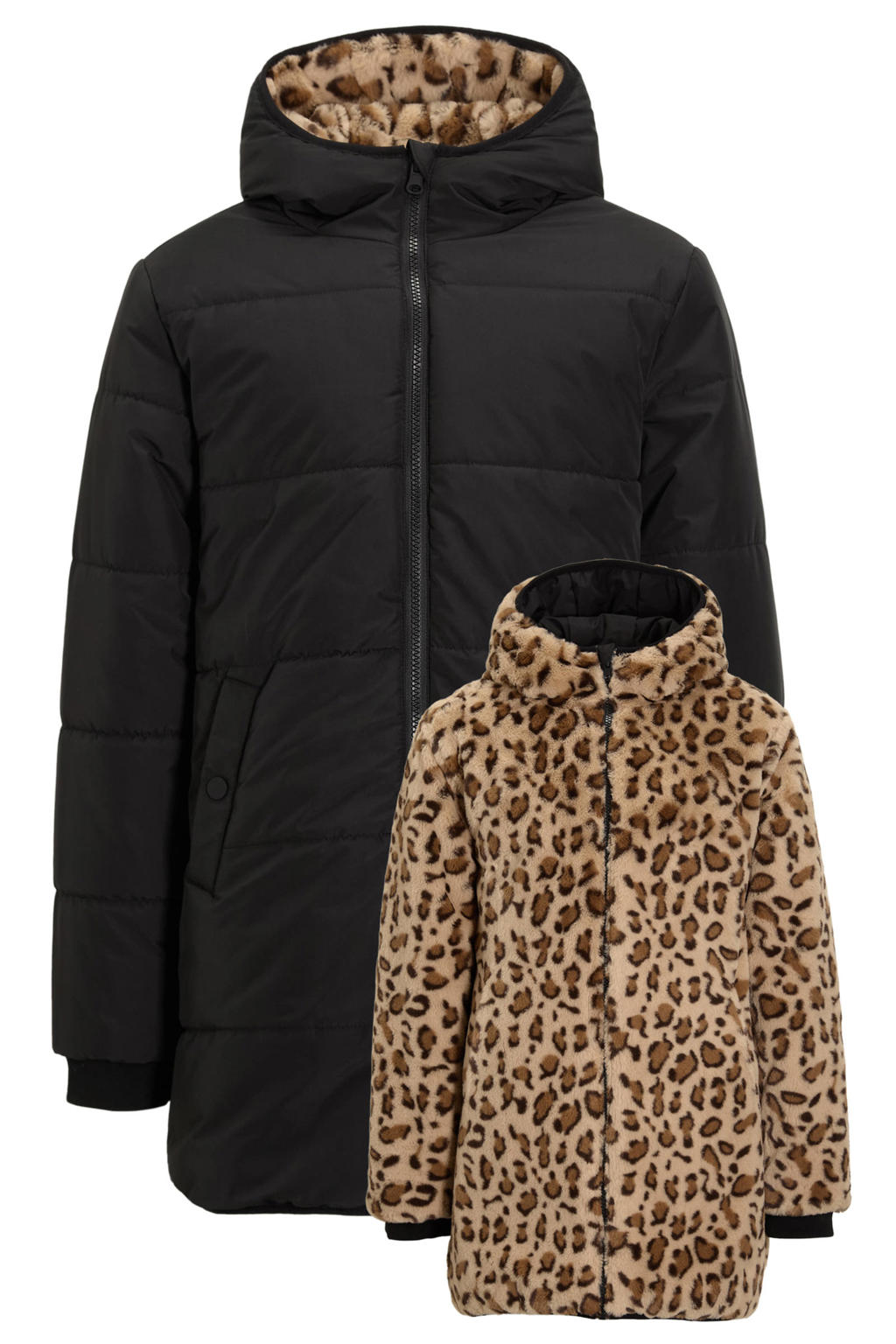 Bruin en zwarte meisjes Anytime gewatteerde reversible jas panter met lange mouwen, capuchon en ritssluiting