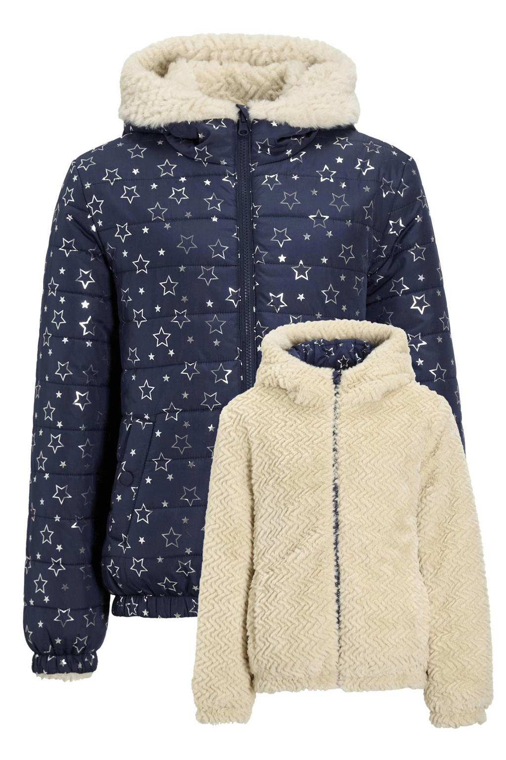Crème meisjes Anytime reversible jas textured bont met lange mouwen en ritssluiting