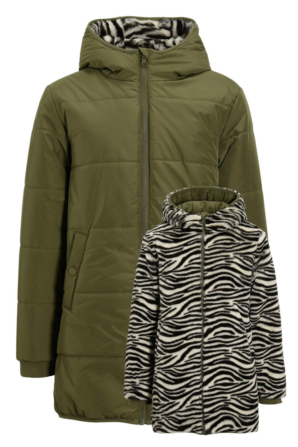 Groene meisjes anytime gewatteerde reversible jas zebra khaki met lange mouwen en capuchon