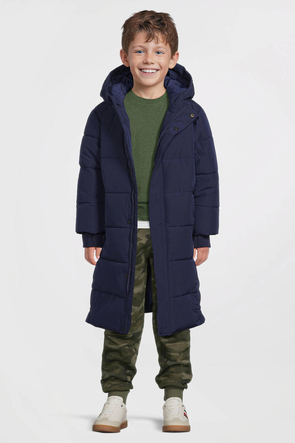 Blauwe jongens Anytime gewatteerde midi jas van polyester met lange mouwen, capuchon en rits- en drukknoopsluiting