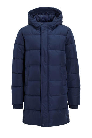 gewatteerde midi jas met capuchon donkerblauw