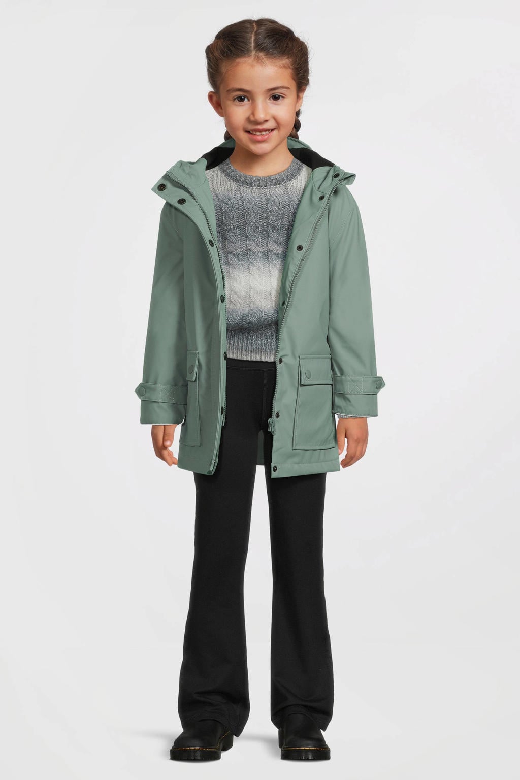 Groene meisjes Anytime regenjas van polyester met lange mouwen, capuchon en rits- en drukknoopsluiting