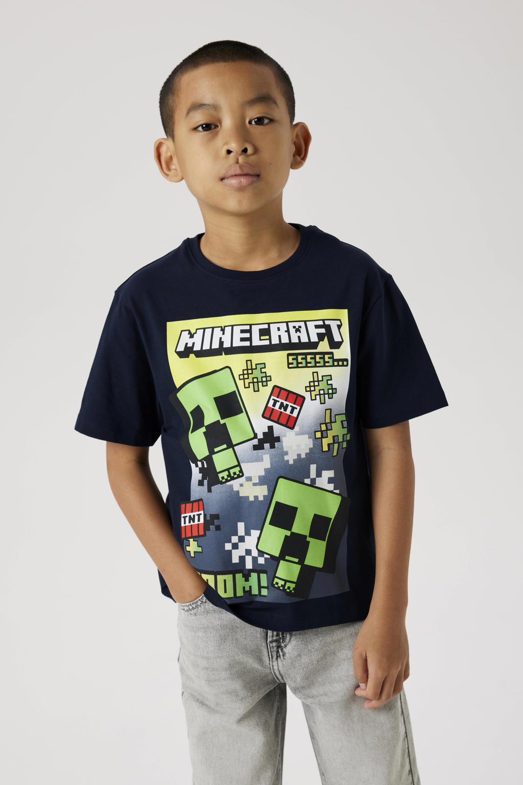 Donkerblauwe jongens NAME IT KIDS Minecraft T-shirt van stretchkatoen met printopdruk, korte mouwen en ronde hals