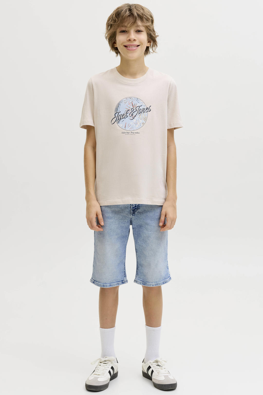Light blue denim jongens JACK & JONES JUNIOR regular short van stretchkatoen met rits- en knoopsluiting en effen