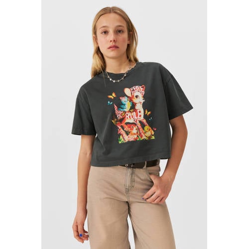 Coolcat T-shirt Palmer met printopdruk donkergrijs Meisjes Katoen Ronde hals