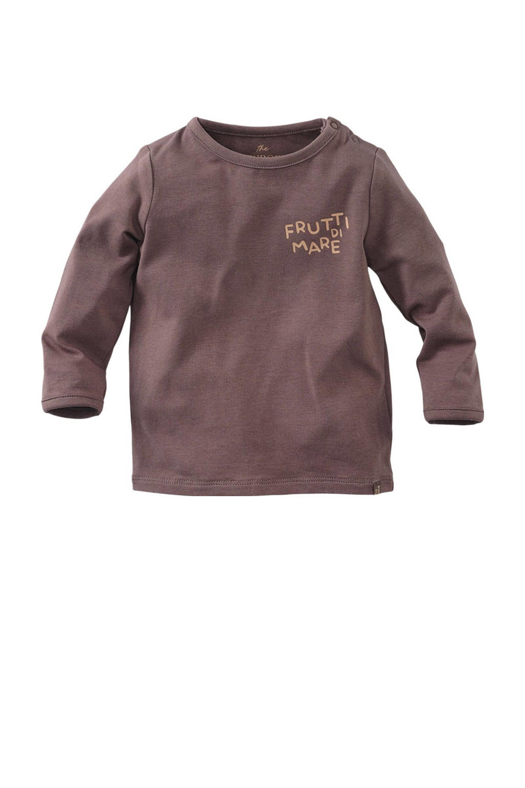 Bruine jongens Z8 newborn longsleeve Jacopo van stretchkatoen met tekst print, lange mouwen, ronde hals en drukknoopsluiting