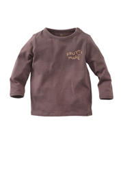 thumbnail: Bruine jongens Z8 newborn longsleeve Jacopo van stretchkatoen met tekst print, lange mouwen, ronde hals en drukknoopsluiting