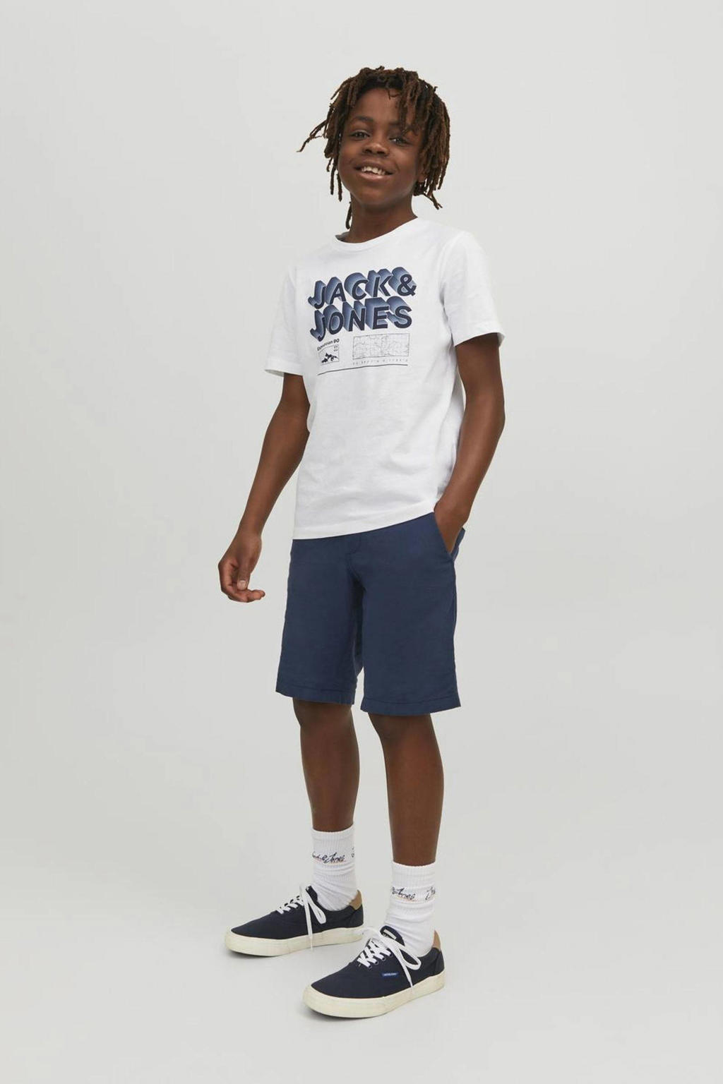 Donkerblauwe jongens JACK & JONES JUNIOR chino short van stretchkatoen met rits- en knoopsluiting en effen