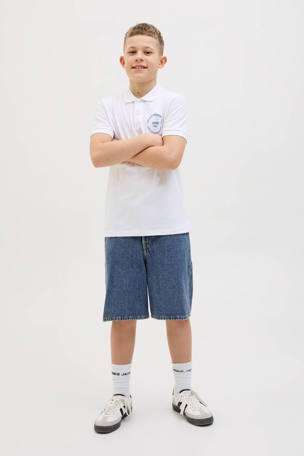 Blauwe jongens JACK & JONES JUNIOR short van denim met loose fit, high waist, rits- en knoopsluiting en effen