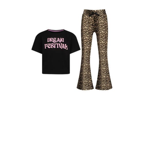 Vingino pyjama Wandy zwart Meisjes Stretchkatoen Ronde hals Panterprint