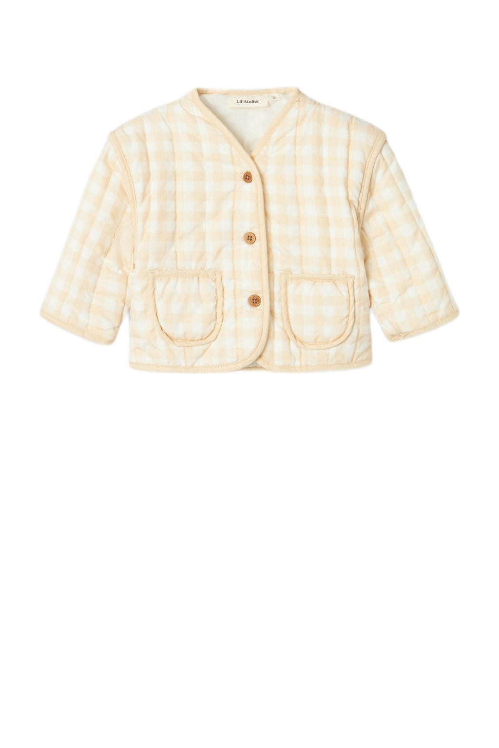Gele meisjes LIL' ATELIER BABY tussenjas van katoen met effen, lange mouwen, V-hals, knoopsluiting en quilted