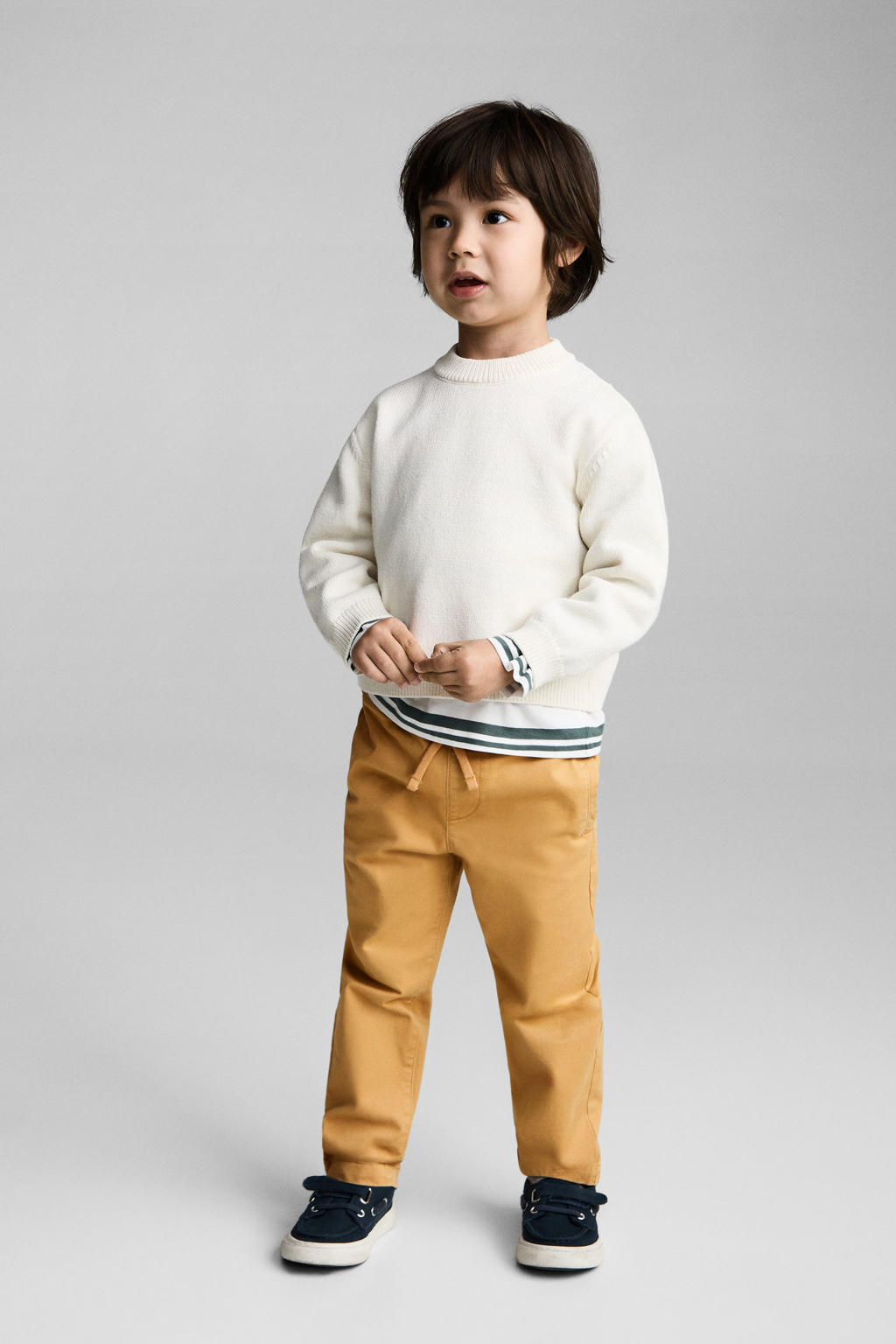 Gele jongens Mango Kids casual broek van stretchkatoen met elastische tailleband met koord en effen