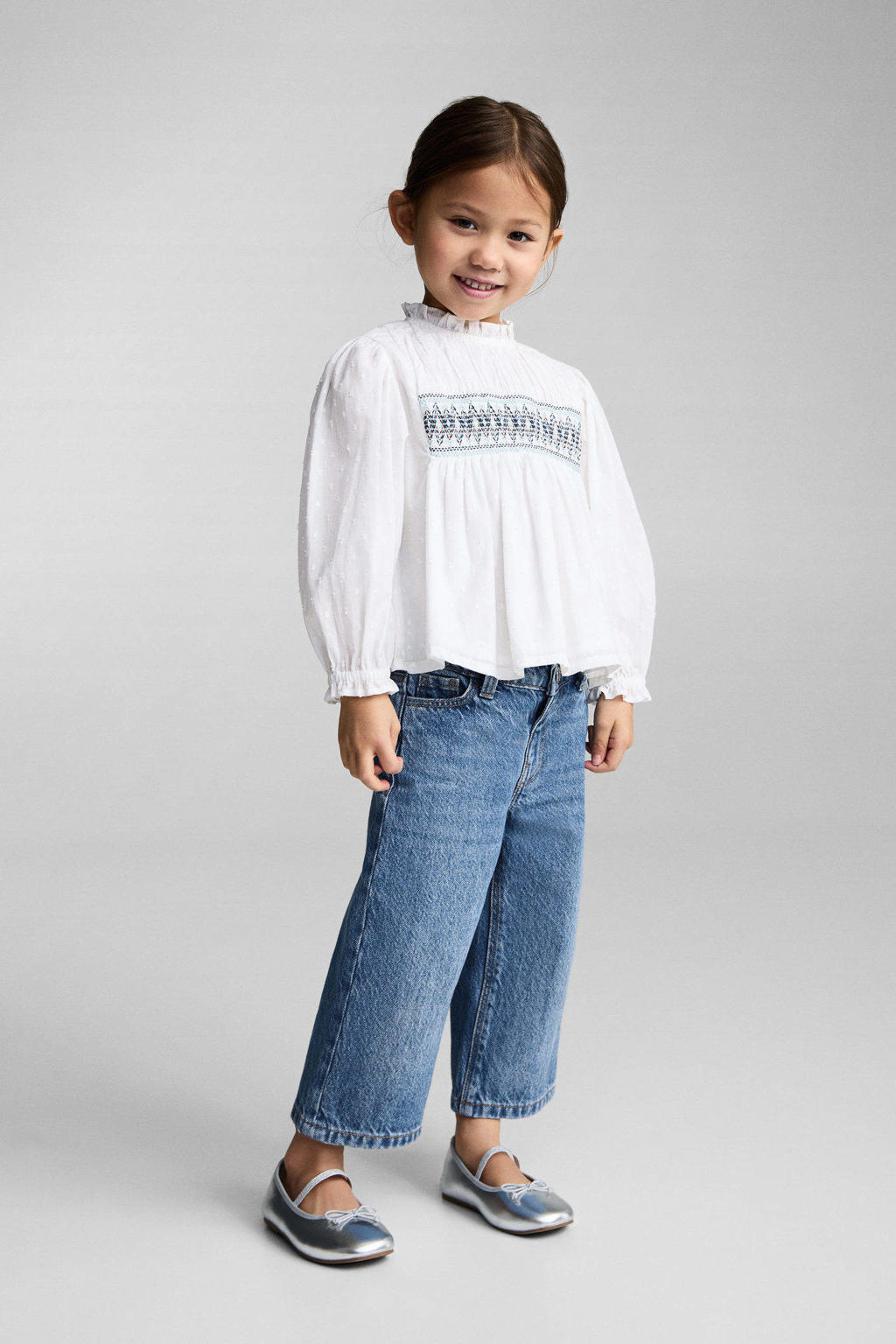Medium blue denim meisjes Mango Kids wide leg cropped jeans van denim met regular waist, knoopsluiting en effen