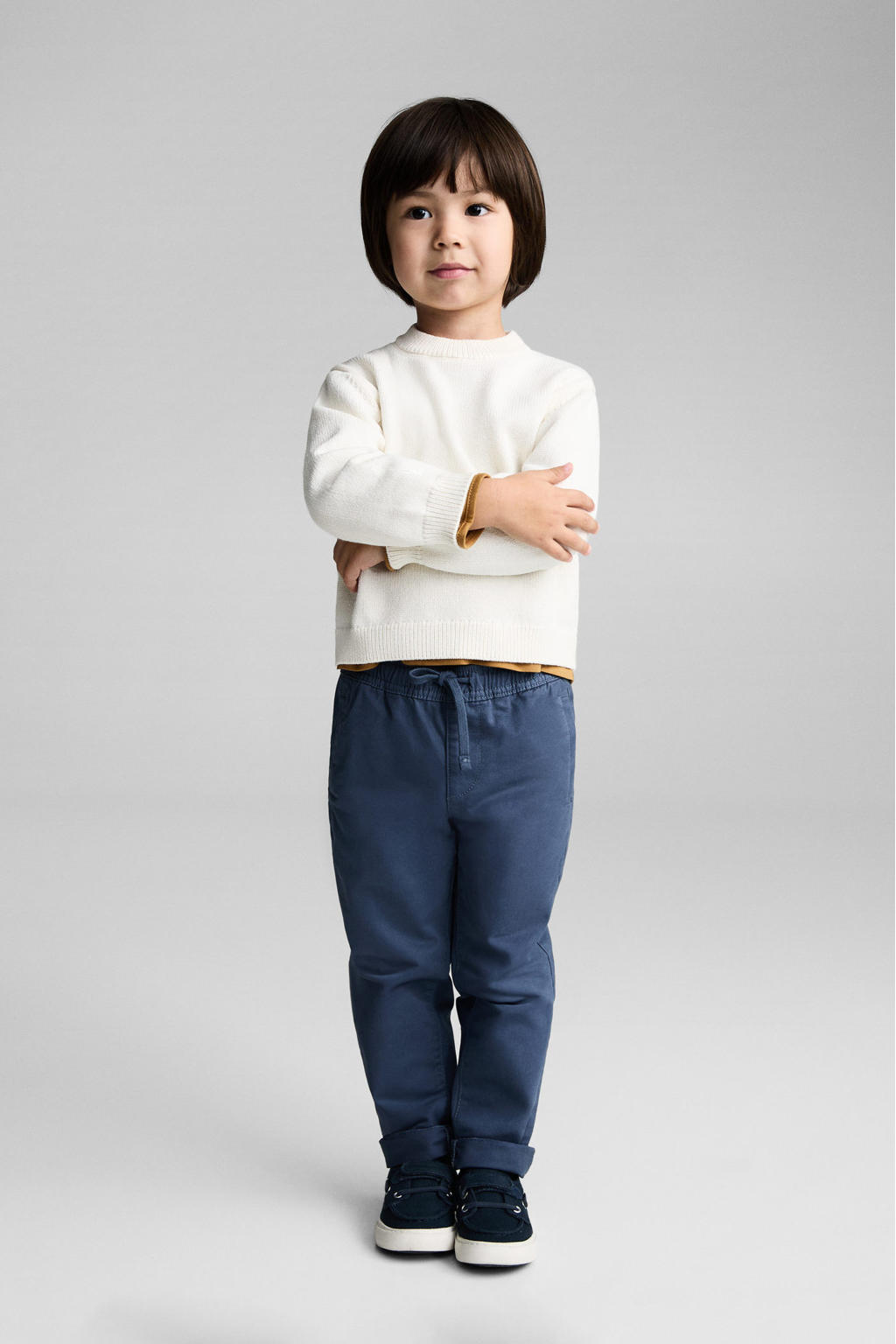 Donkerblauwe jongens Mango Kids casual broek van stretchkatoen met elastische tailleband met koord en effen