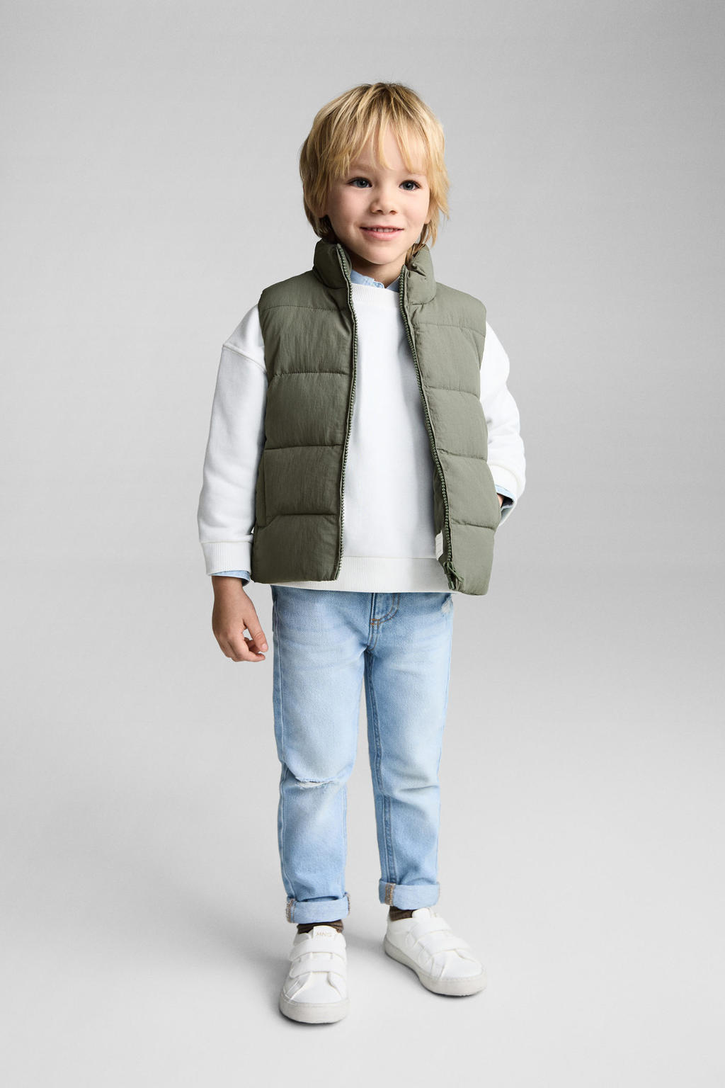 Groene jongens Mango Kids bodywarmer van polyamide met effen, opstaande kraag en ritssluiting