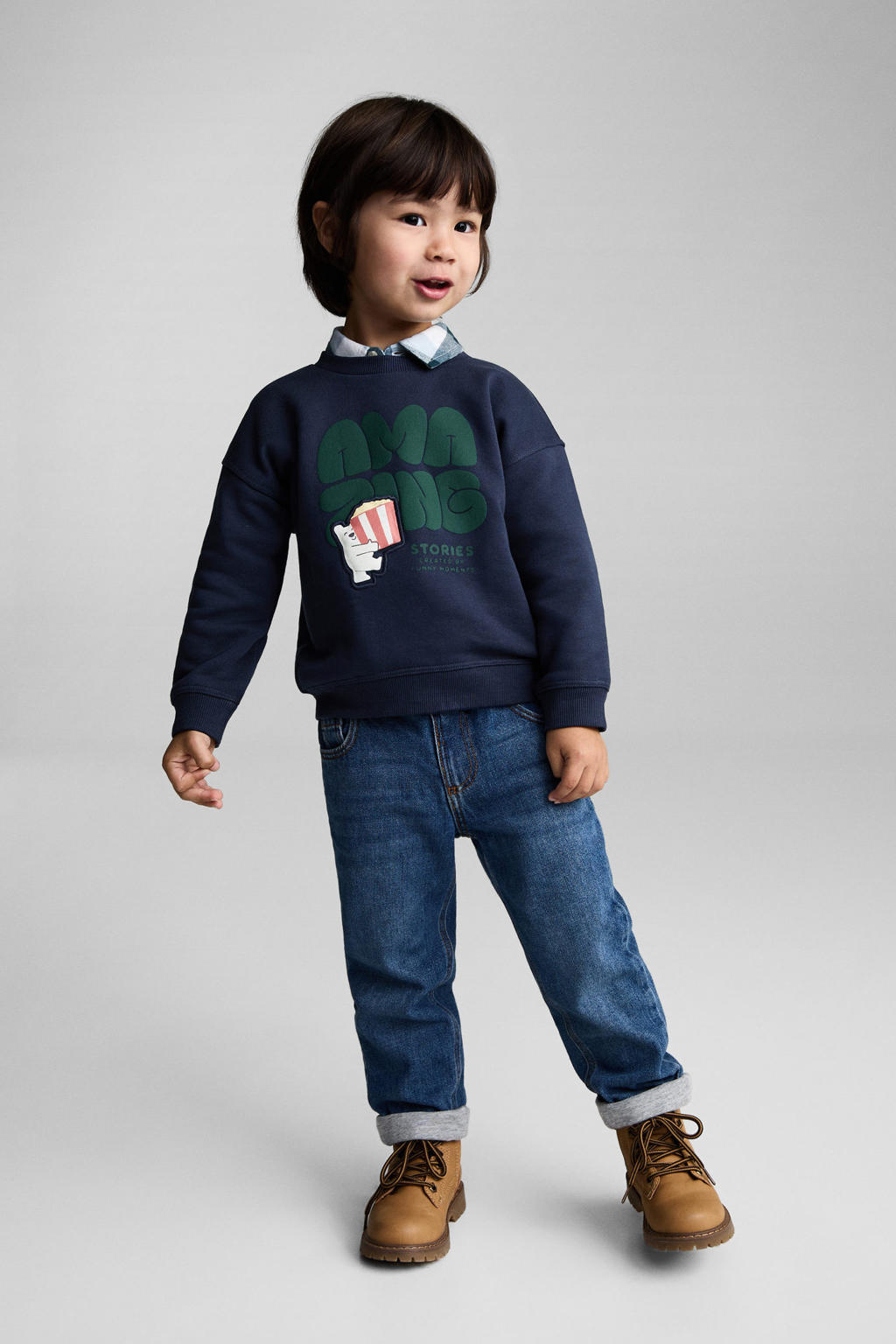 Donkerblauwe jongens Mango Kids sweater met printopdruk, lange mouwen, ronde hals en geribde boorden