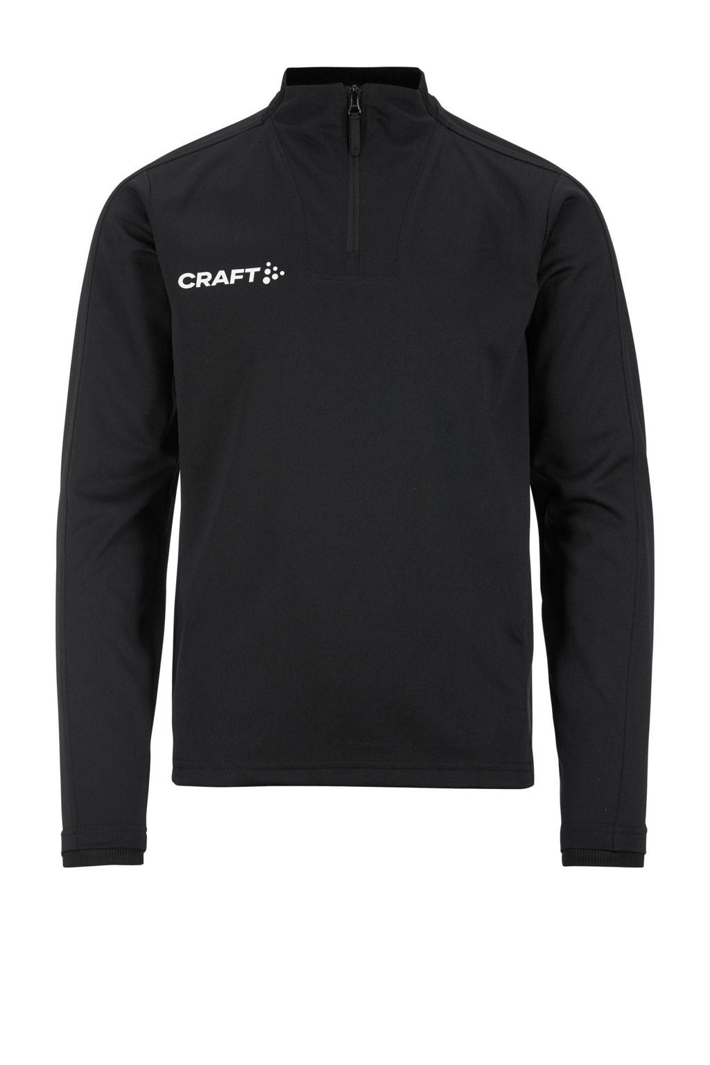 Zwarte jongens en meisjes Craft Junior voetbalshirt Evolve 2.0 van polyester met lange mouwen, opstaande kraag en halve rits