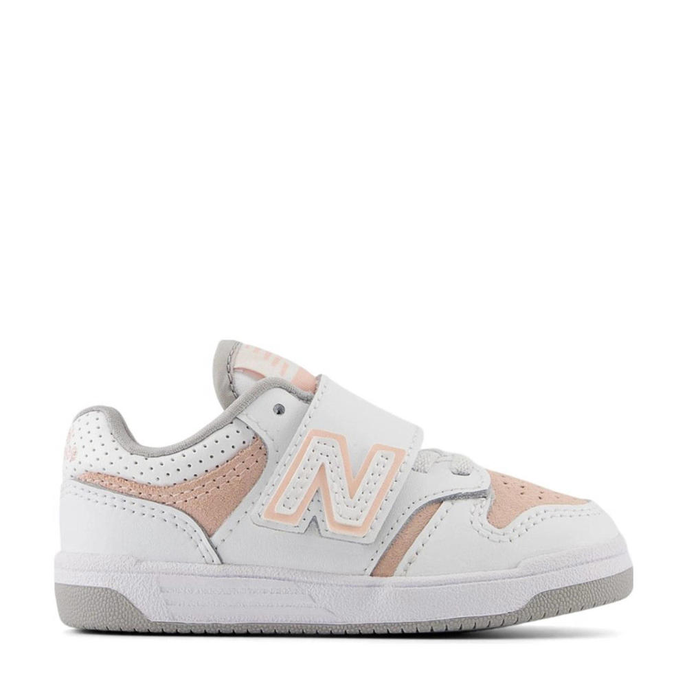 Witte jongens en meisjes New Balance 480 sneakers zalmroze van imititatieleer/suede met veter- met klittenbandsluiting