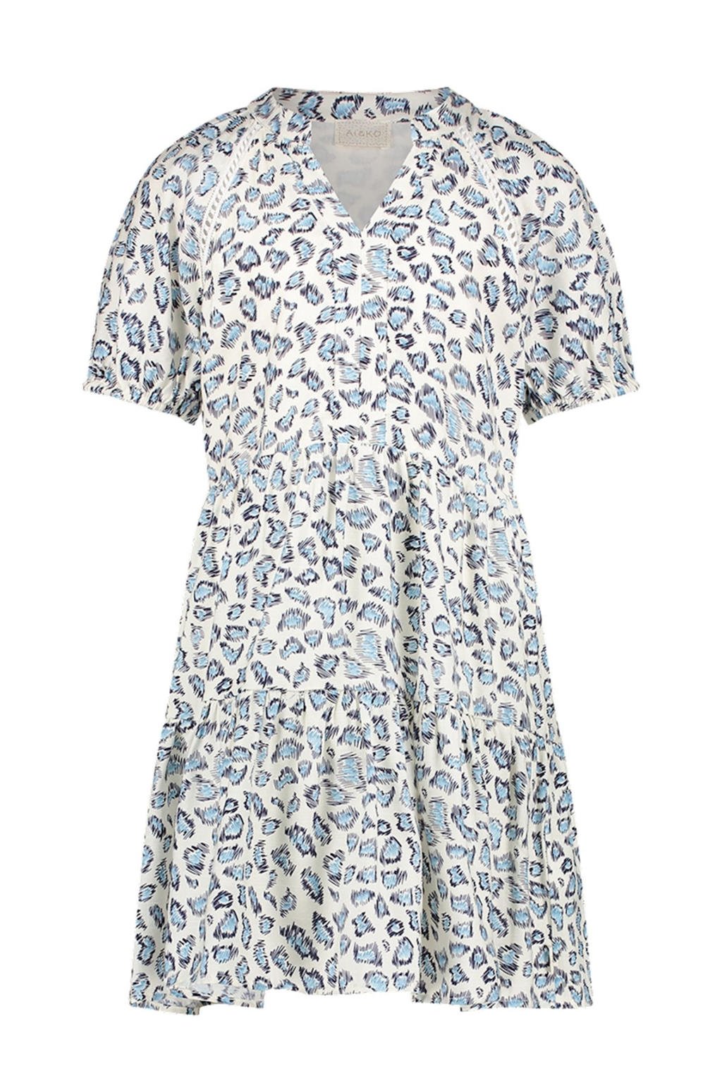 Ecru en lichtblauwe meisjes AI&KO zomerjurk van polyester met korte mouwen en V-hals