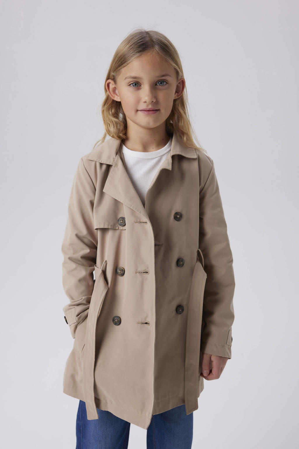 Zandkleurige meisjes NAME IT KIDS trenchcoat van polyester met effen, lange mouwen, reverskraag en ceintuur