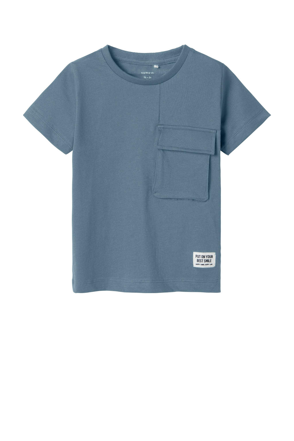 Blauwe jongens NAME IT MINI T-shirt van katoen met effen, korte mouwen en ronde hals