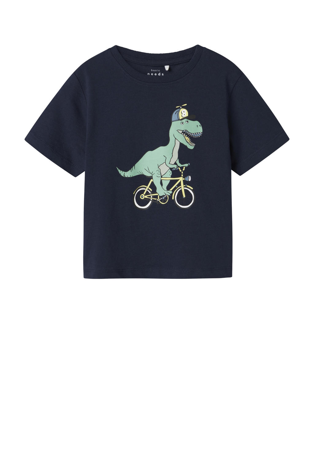 Donkerblauwe jongens NAME IT MINI T-shirt van katoen met printopdruk, korte mouwen en ronde hals