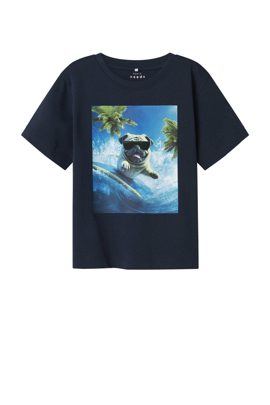Donkerblauwe jongens NAME IT MINI T-shirt van katoen met printopdruk, korte mouwen en ronde hals