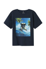 thumbnail: Donkerblauwe jongens NAME IT MINI T-shirt van katoen met printopdruk, korte mouwen en ronde hals