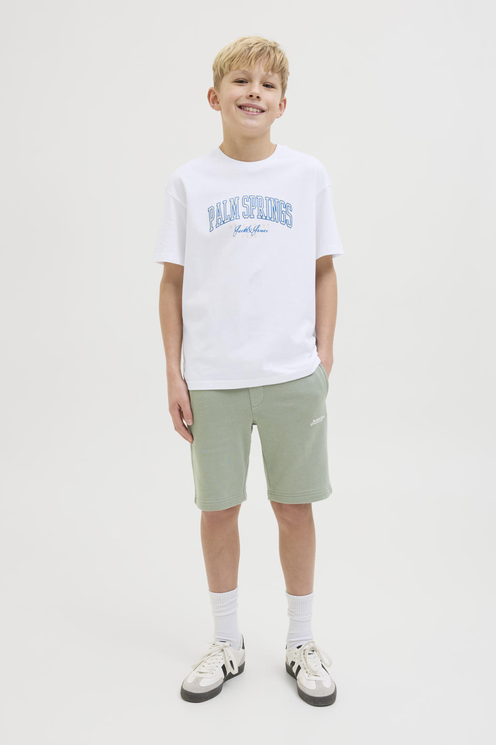 Witte jongens JACK & JONES JUNIOR T-shirt van katoen met effen, korte mouwen en ronde hals