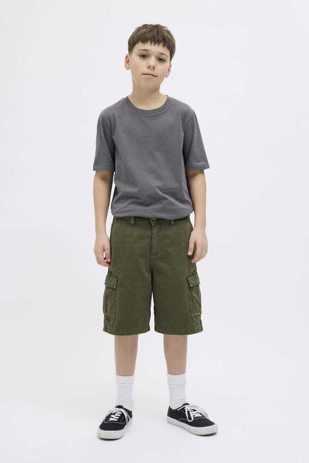 Donkergroene jongens JACK & JONES JUNIOR cargo short van katoen met loose fit, regular waist en effen