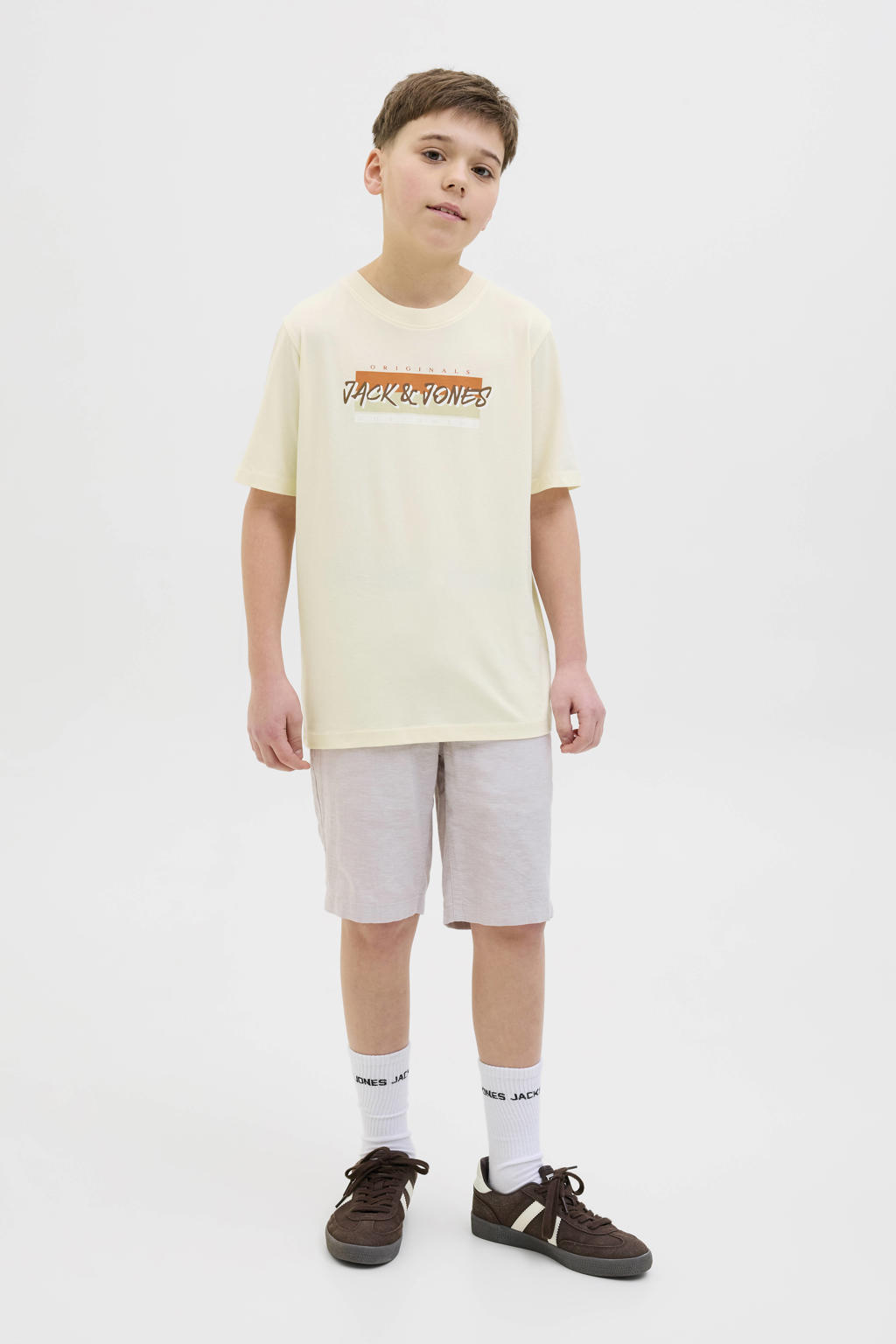 Ecru jongens JACK & JONES JUNIOR T-shirt van katoen met effen, korte mouwen en ronde hals
