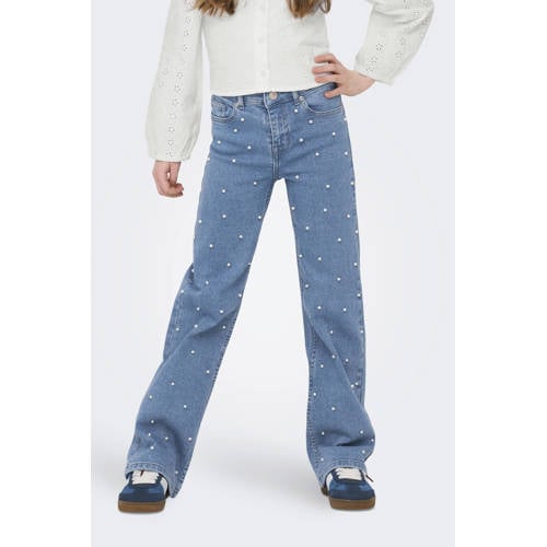 KIDS ONLY GIRL wide leg jeans met parels light blue denim Blauw Effen