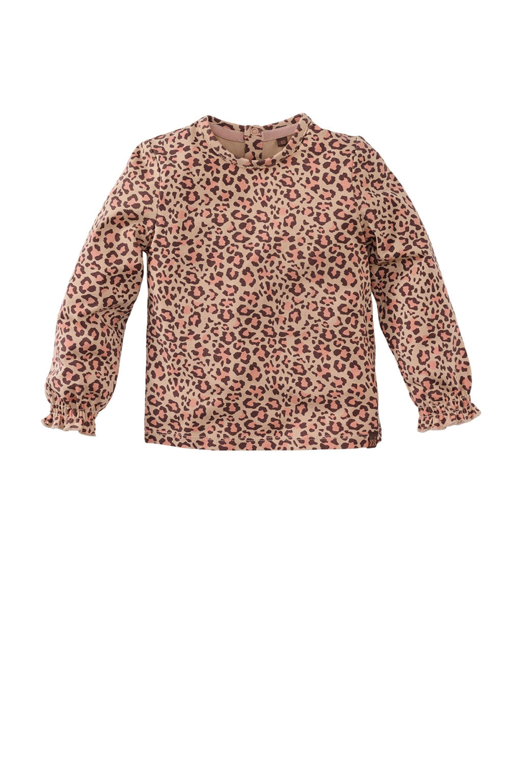 Zand en roze meisjes Z8 mini longsleeve Delfina van stretchkatoen met panterprint, lange mouwen, ronde hals en ruches