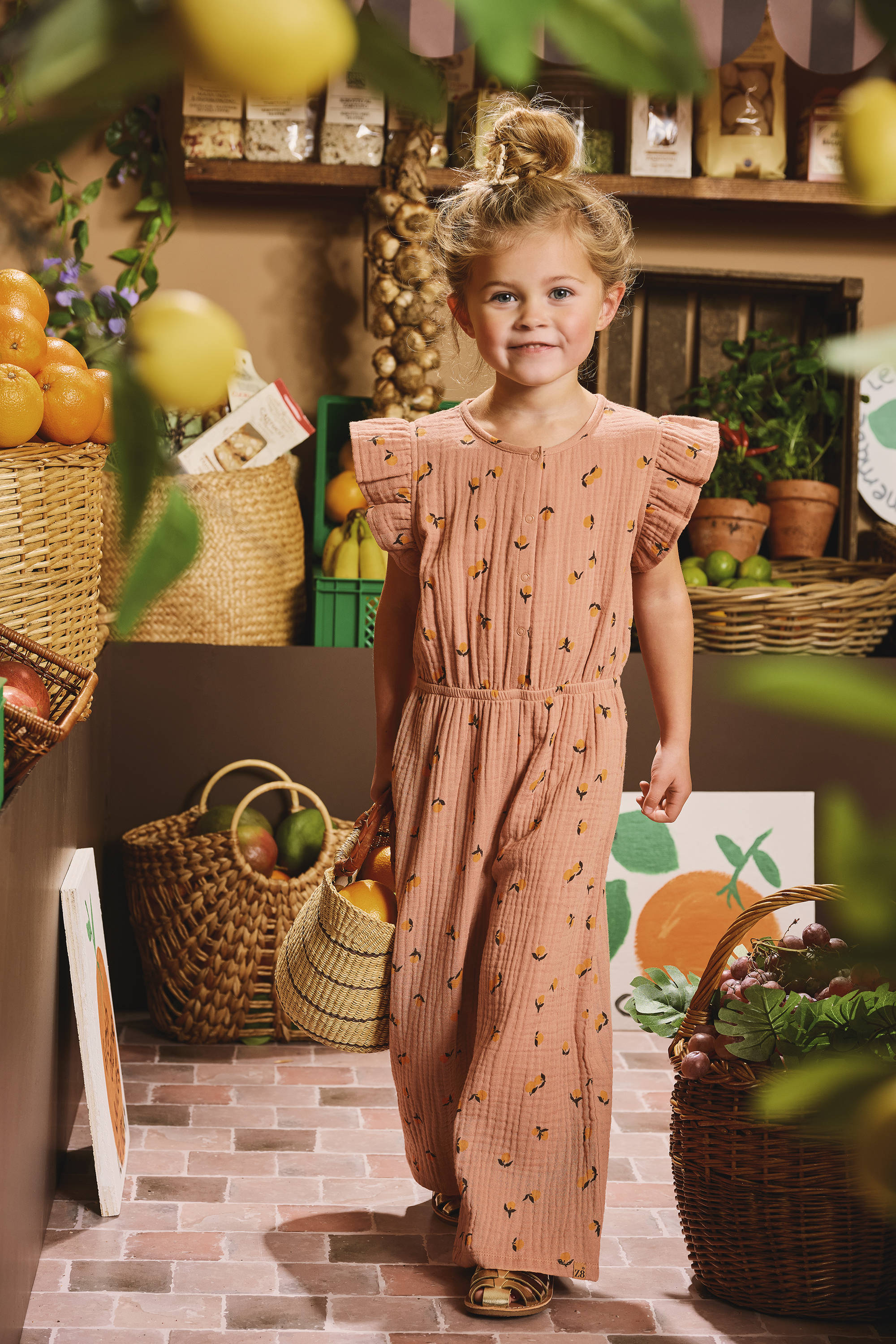 Z8 mini jumpsuit Paola met ruches oudroze/oranje | kleertjes.com