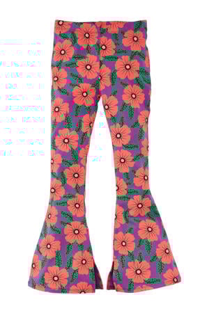 flared broek Doreen met bloemenprint paars/koraalrood/groen