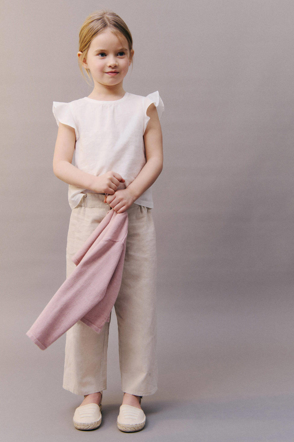 Beige meisjes Mango Kids casual broek van linnen met elastische tailleband en effen