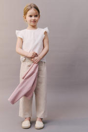 thumbnail: Beige meisjes Mango Kids casual broek van linnen met elastische tailleband en effen