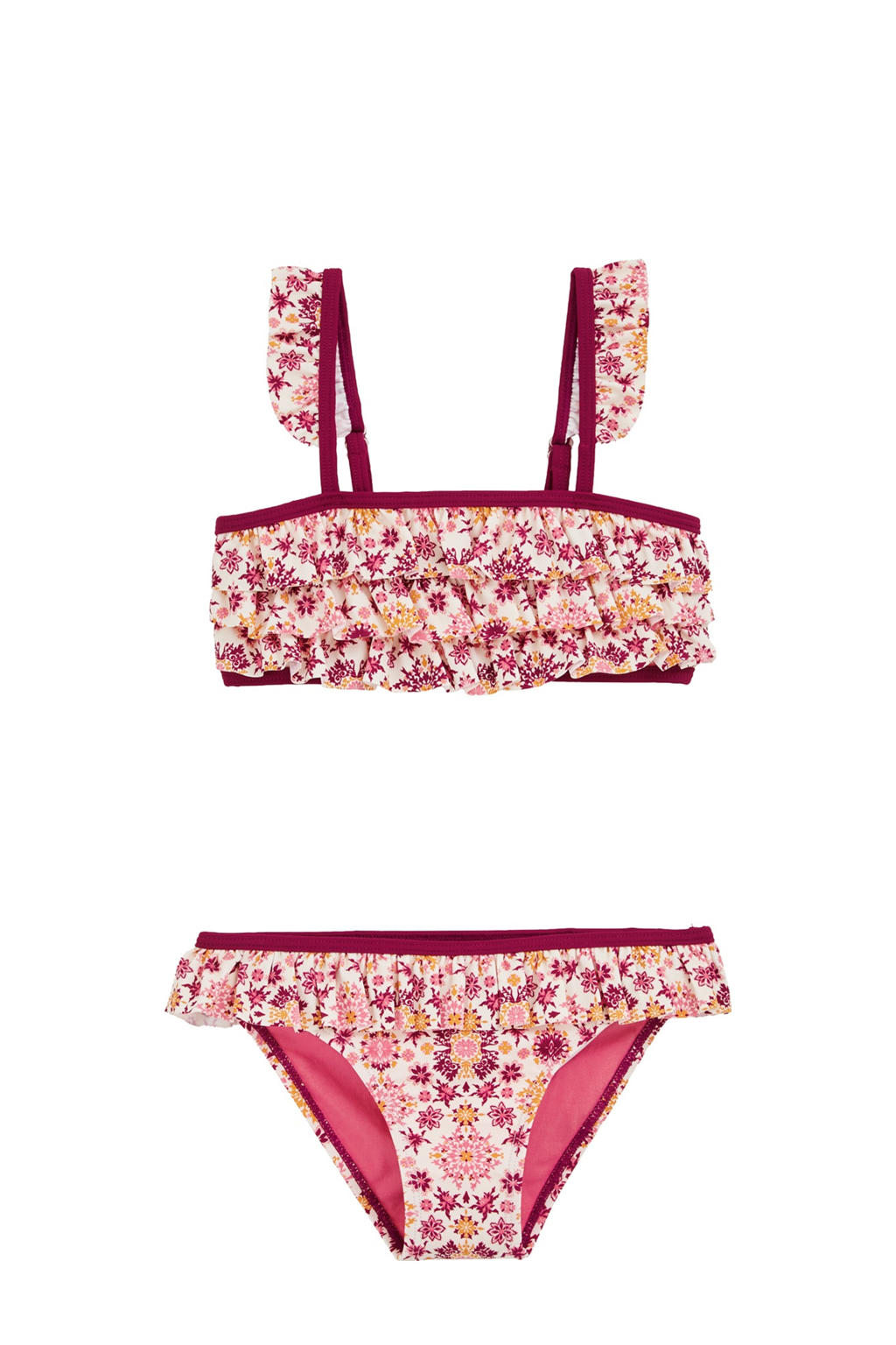 WE Fashion bikini met ruches wit/bordeaux rood/geel