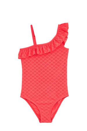 one shoulder badpak met rouches koraalroze