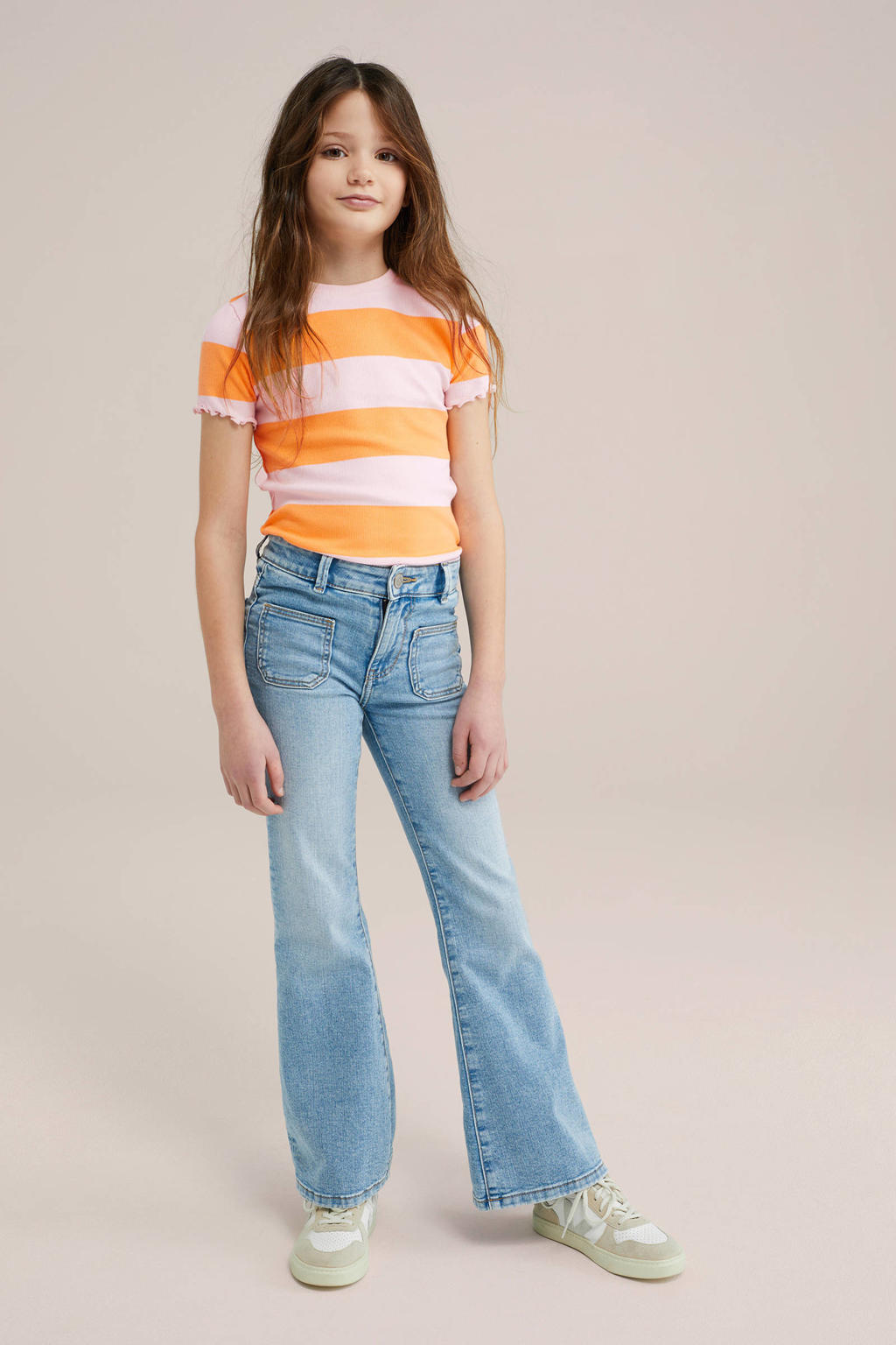 Lichtroze meisjes WE Fashion T-shirt rib gebreid van katoen met strepenprint, korte mouwen en ronde hals