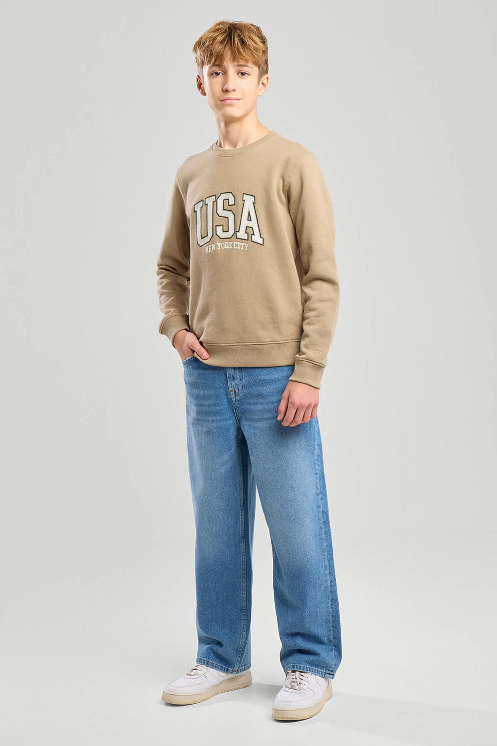 Bruine jongens America Today sweater met printopdruk, lange mouwen en ronde hals
