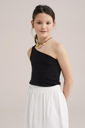 one shoulder top zwart rib gebreid