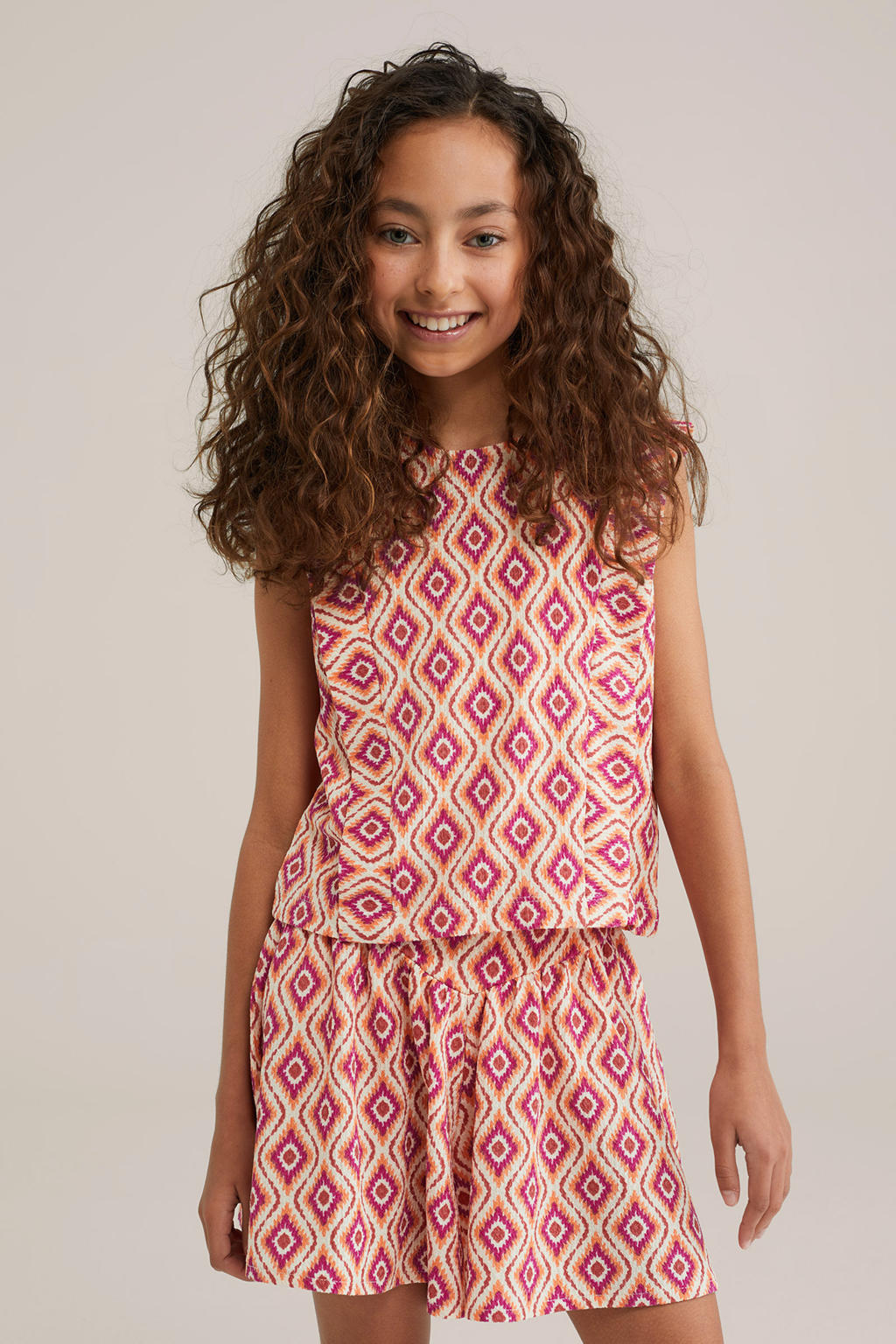 Roze meisjes WE Fashion mouwloze top van polyester met ronde hals en knoopsluiting