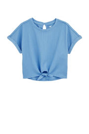 thumbnail: Blauwe meisjes WE Fashion T-shirt van polyester met effen, korte mouwen, ronde hals, knoopsluiting en knoopdetail