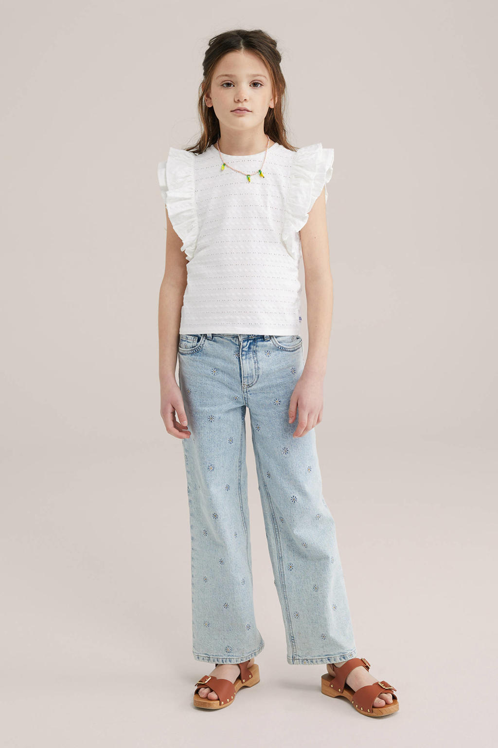 Witte meisjes WE Fashion mouwloze top broderie van stretchkatoen met effen en ronde hals