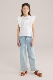thumbnail: Witte meisjes WE Fashion mouwloze top broderie van stretchkatoen met effen en ronde hals