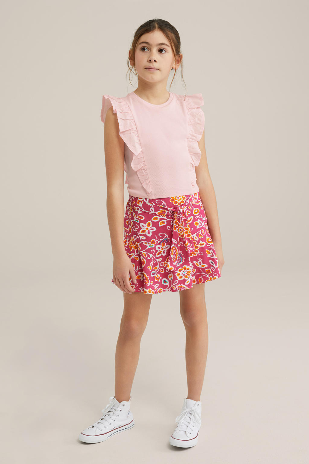 Lichtroze meisjes WE Fashion mouwloze top rib gebreid met effen en ronde hals