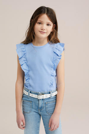 mouwloze top lichtblauw rib gebreid