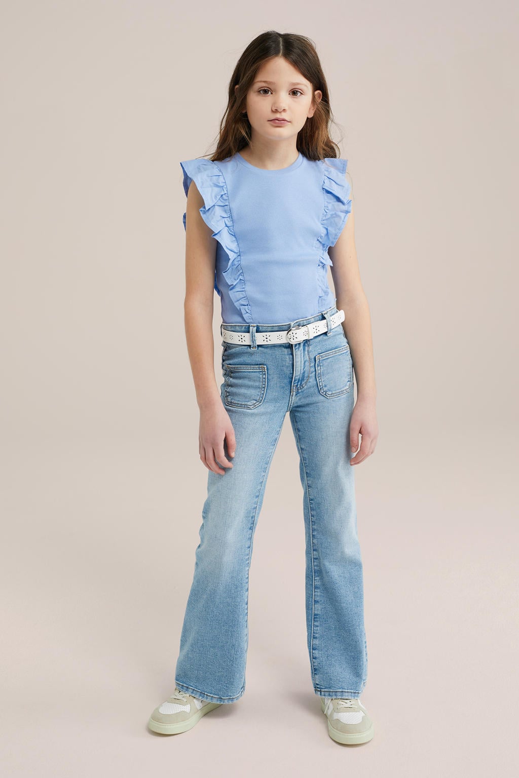 Lichtblauwe meisjes WE Fashion mouwloze top rib gebreid met effen en ronde hals