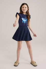 thumbnail: Donkerblauwe meisjes WE Fashion mouwloze top van stretchkatoen met ronde hals en pailletten